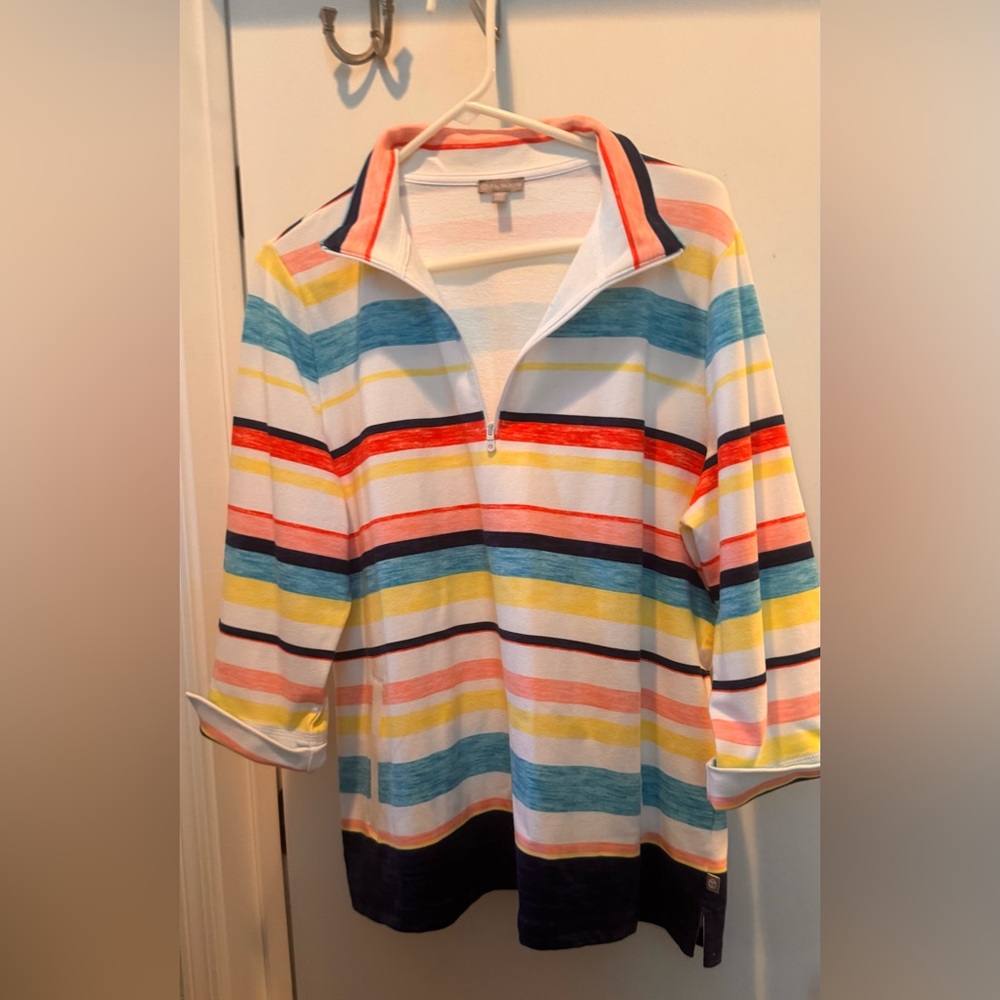 T by Talbots outerwear Striped Quarter-Zip Pullover in White, Blue, Yellow
